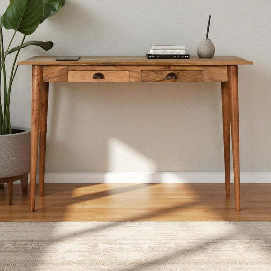 Wooden desk with two drawers in a room with a plant and books on top