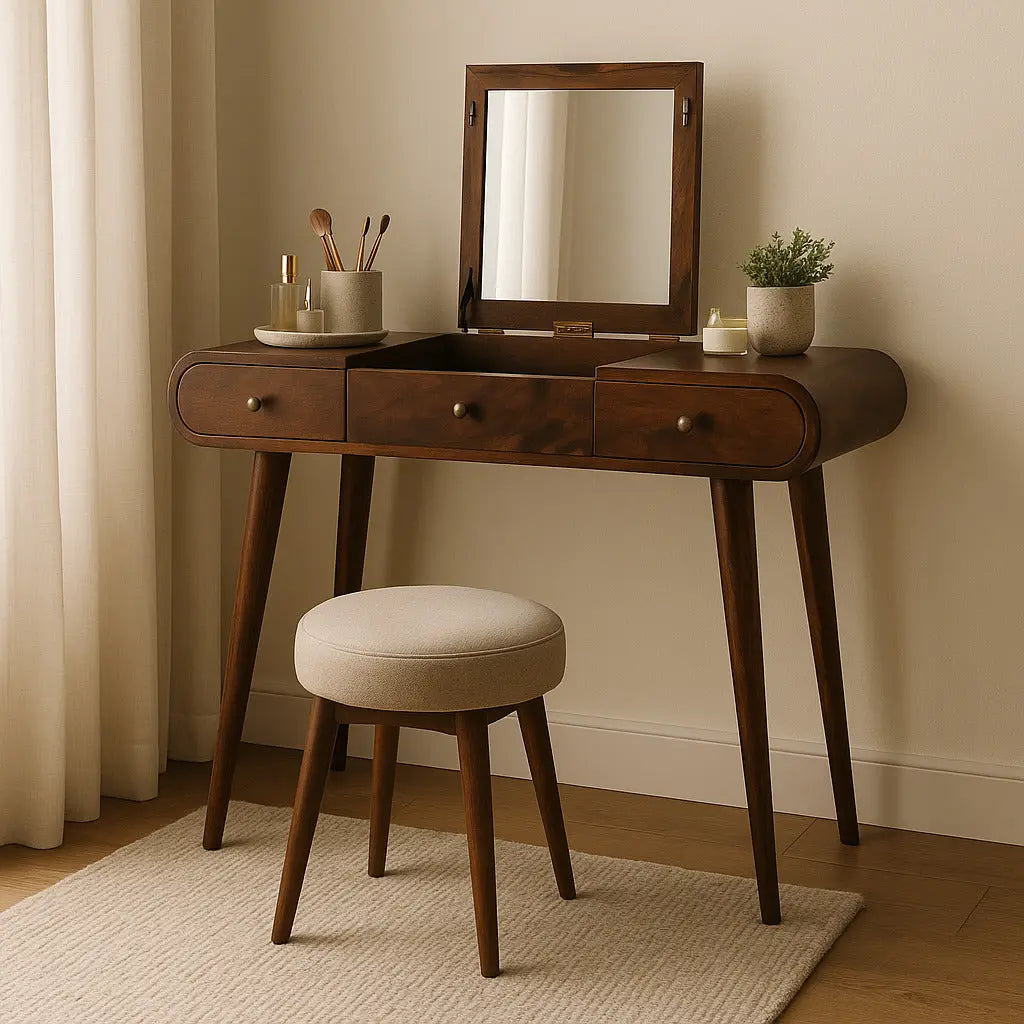 Wooden vanity table with mirror and stool in a room setting
