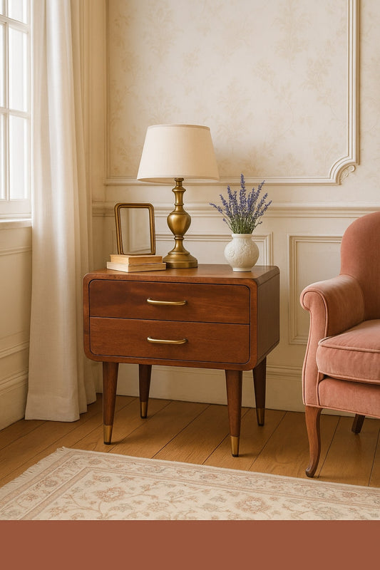 Wooden nightstand with lamp and decor in a room with a pink chair and window.