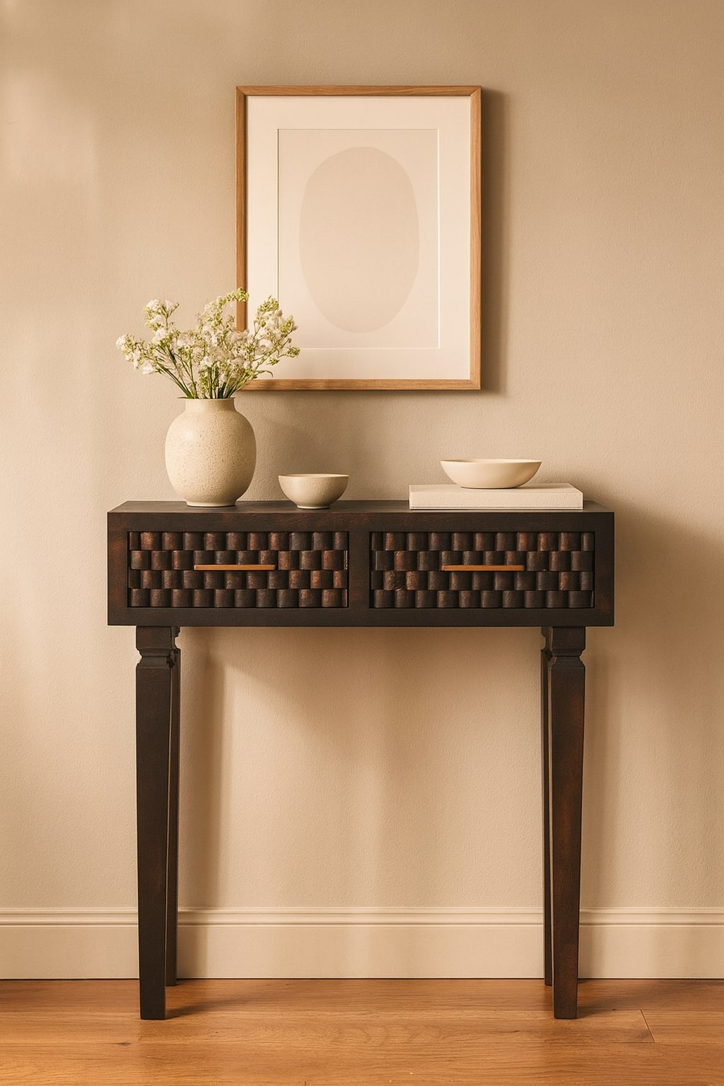 Console table with decorative items against a beige wall