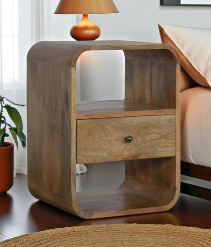 Wooden nightstand with a drawer in a bedroom setting