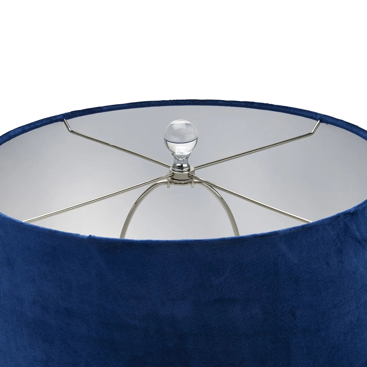 Close-up of a blue lampshade with a metallic stand on a white background