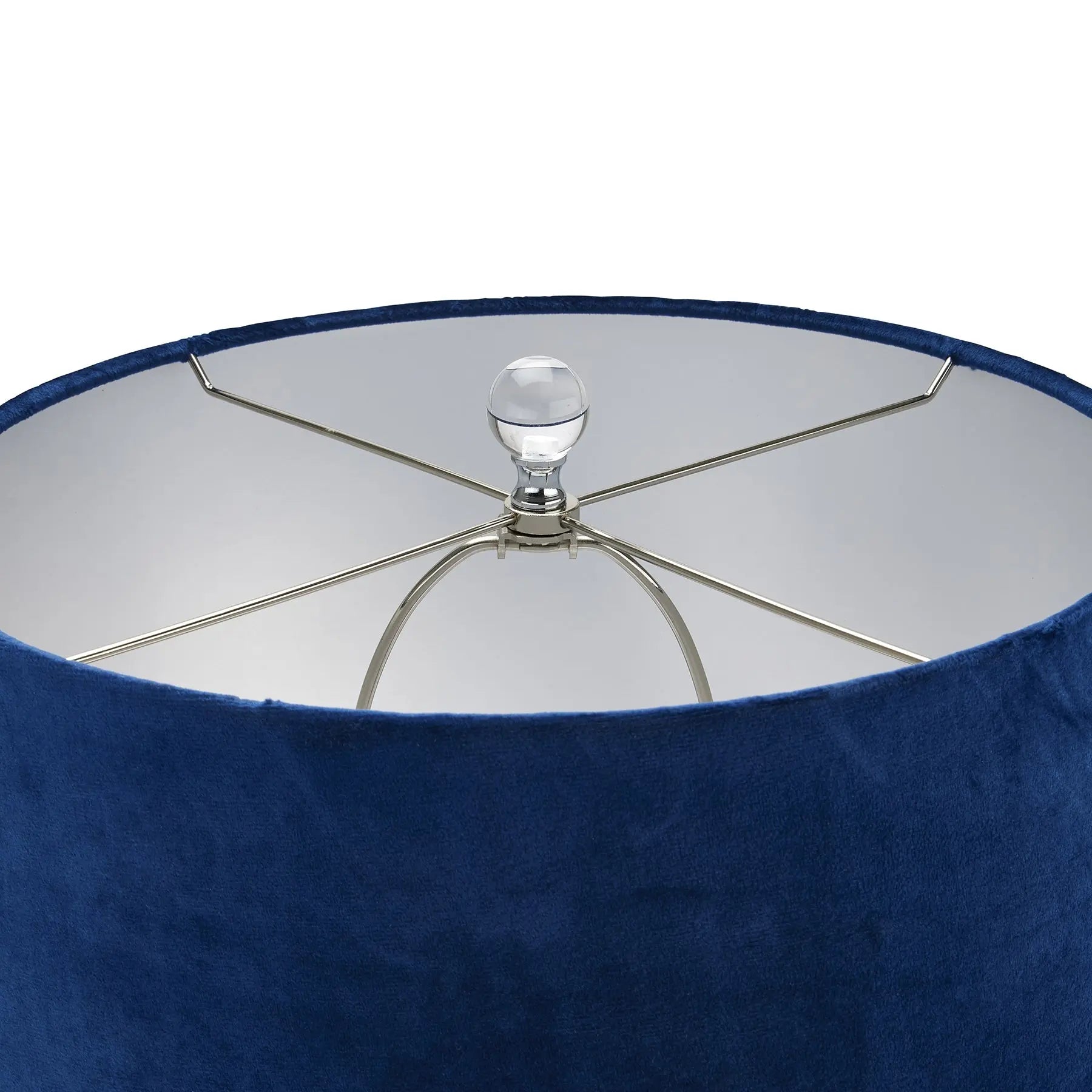 Close-up of a blue lampshade with a metallic stand on a white background
