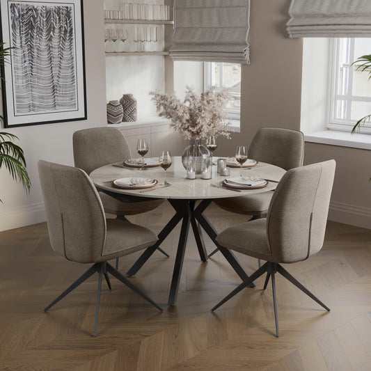 Modern Indus Valley Cavella round Ceramic Extending Dining Table + 4 Beige Chairs