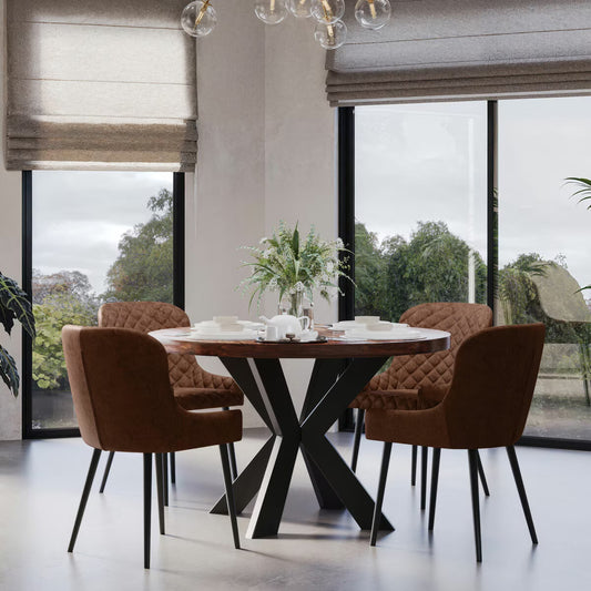 Modern Indus Valley Henley round Wooden Dining Table + 4 Brown Chairs