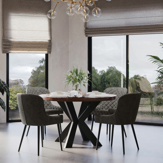 Modern Indus Valley Henley round Wooden Dining Table + 4 Grey Chairs