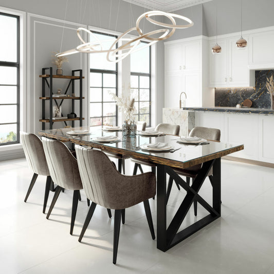 Luxury Indus Valley Porto Reclaimed Sleeper Wood Dining Table + 6 Grey Chairs