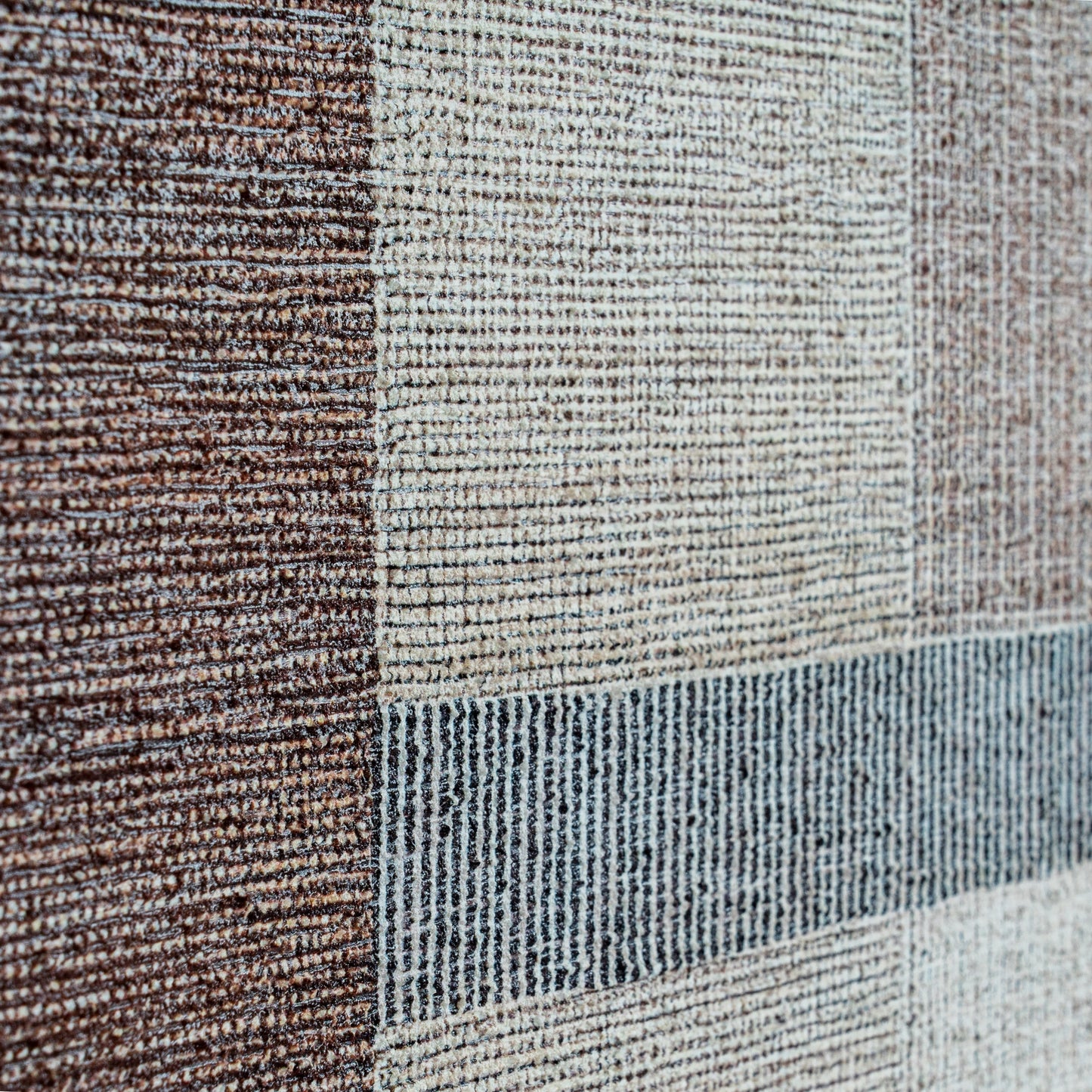 Close-up of a textured fabric with brown, beige, and blue stripes.