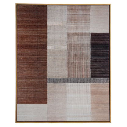 Rug with a geometric pattern in brown, beige, and gray on a white background