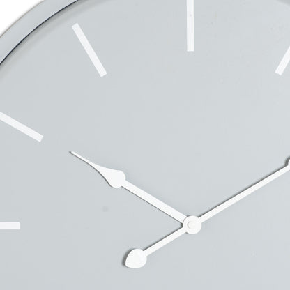 Close-up of a clock face with white hands on a light gray background