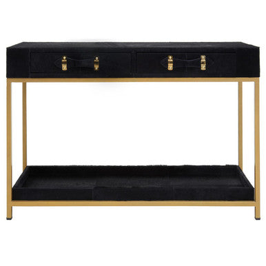 Black console table with gold accents on a white background