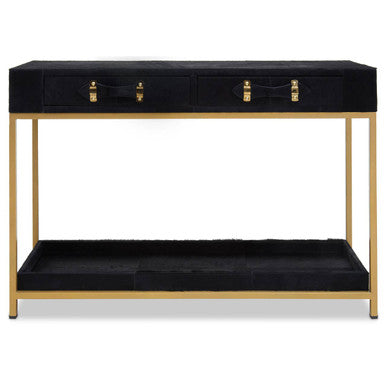 Black console table with gold accents on a white background