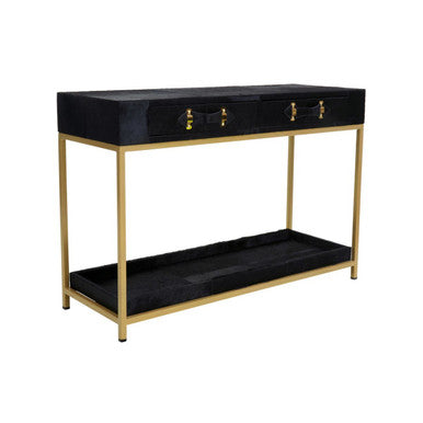 Console table with black top and gold frame on a white background