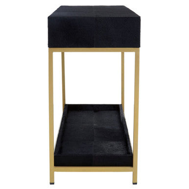 Black and gold side table with a black top and tray on a white background