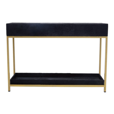 Console table with black top and gold frame on a white background