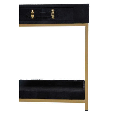 Black and gold side table with a suitcase design on a white background