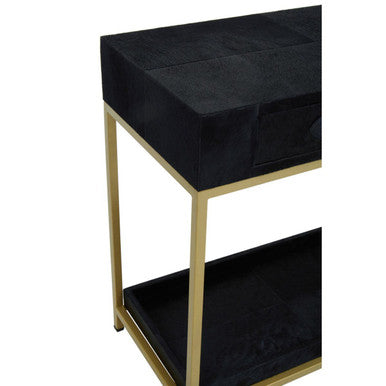 Black cushioned bench with gold frame on a white background