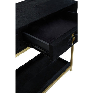 Black side table with gold accents on a white background