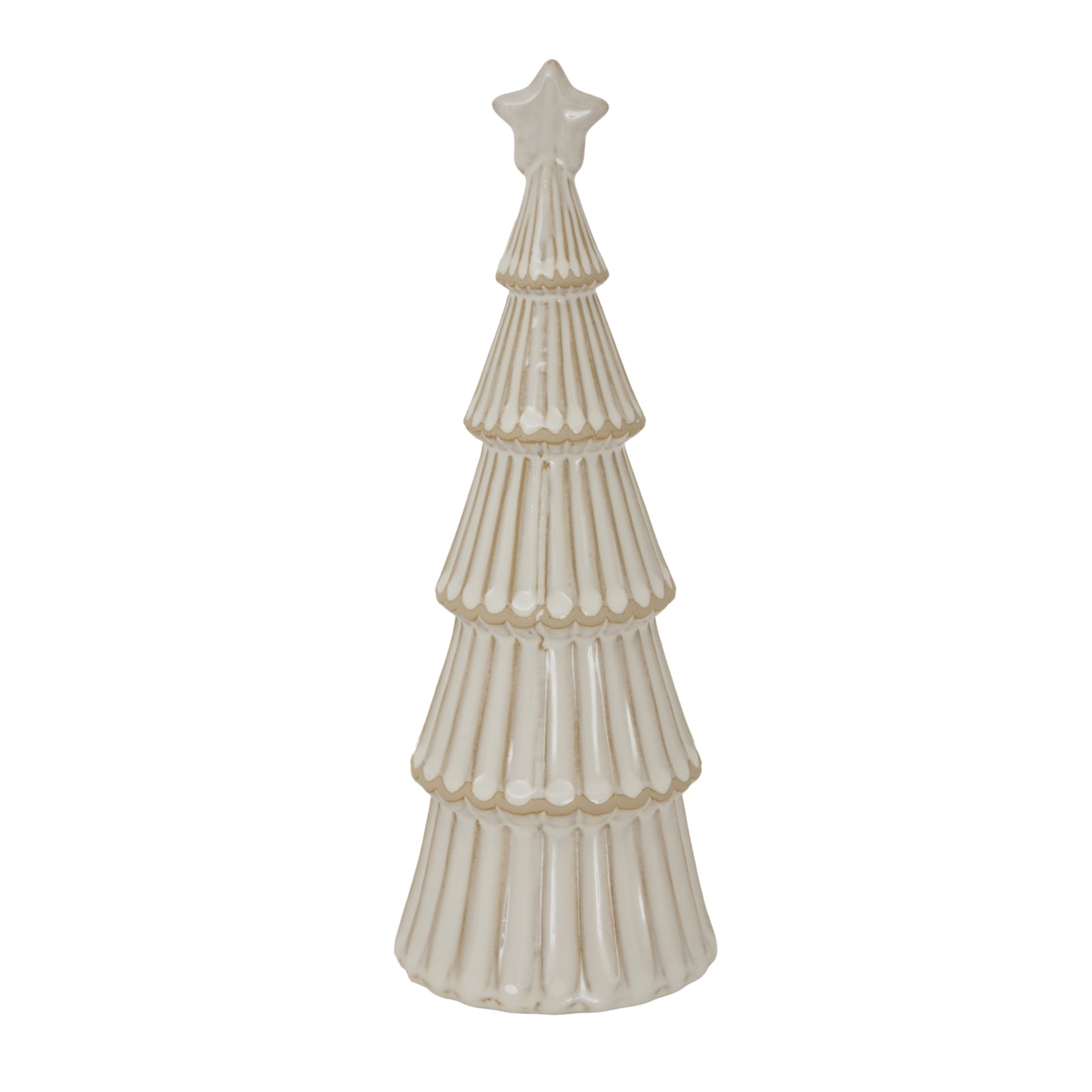 Decorative ceramic Christmas tree with a star on top against a white background