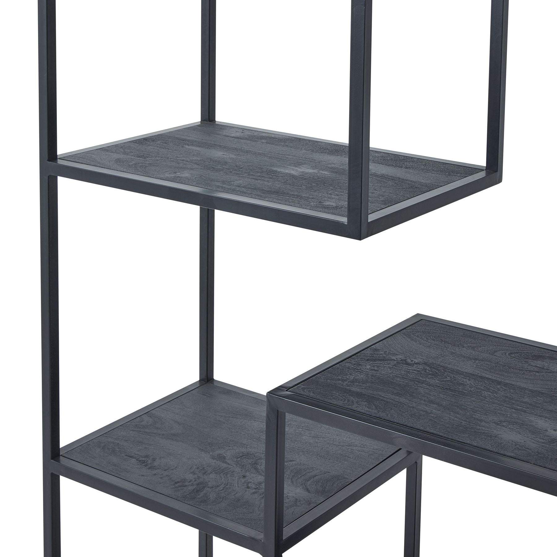 Black metal shelving unit with stone-like texture on a white background