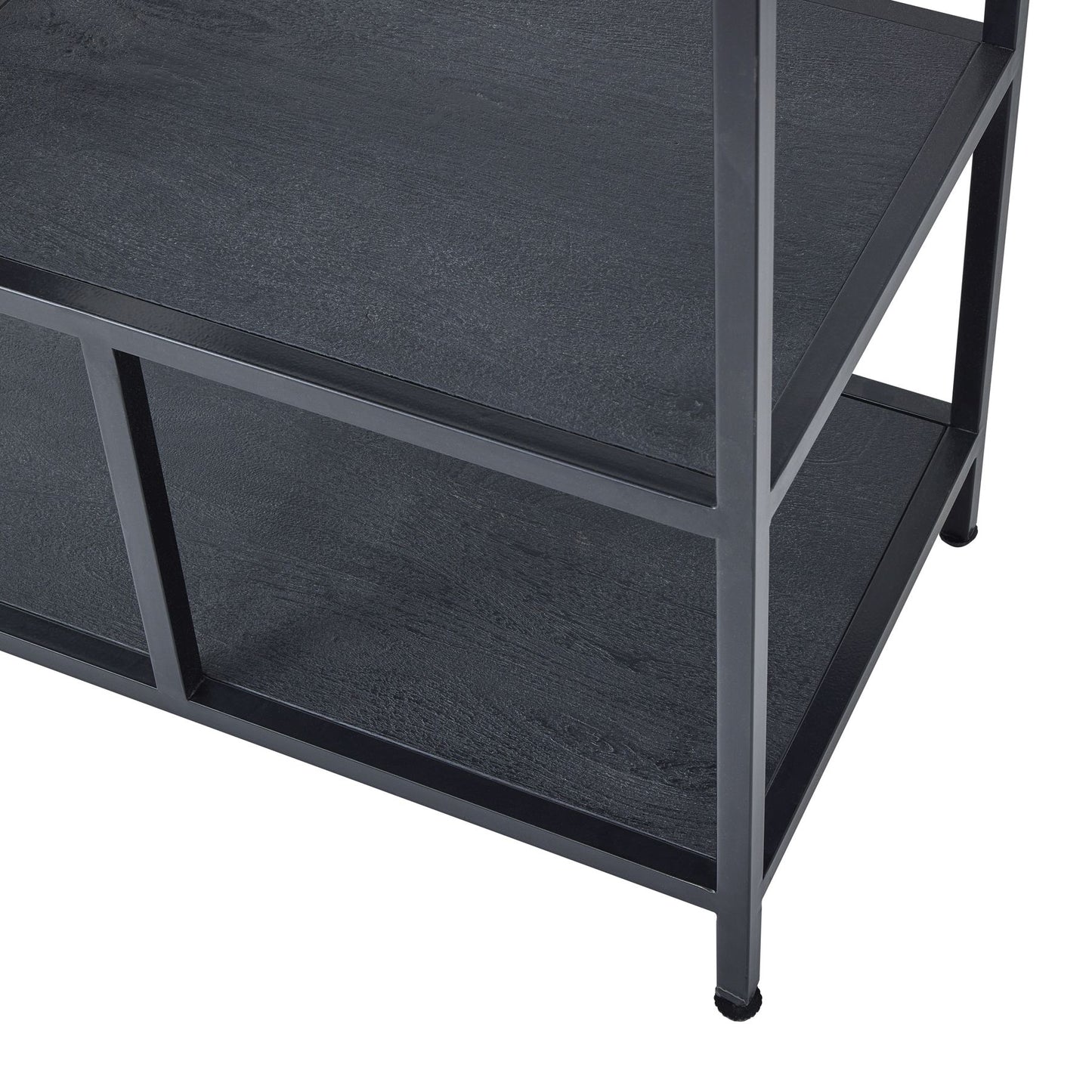 Black metal shelf with two levels on a white background