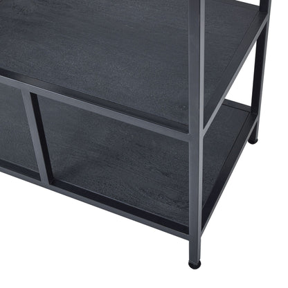 Black metal shelf with two levels on a white background
