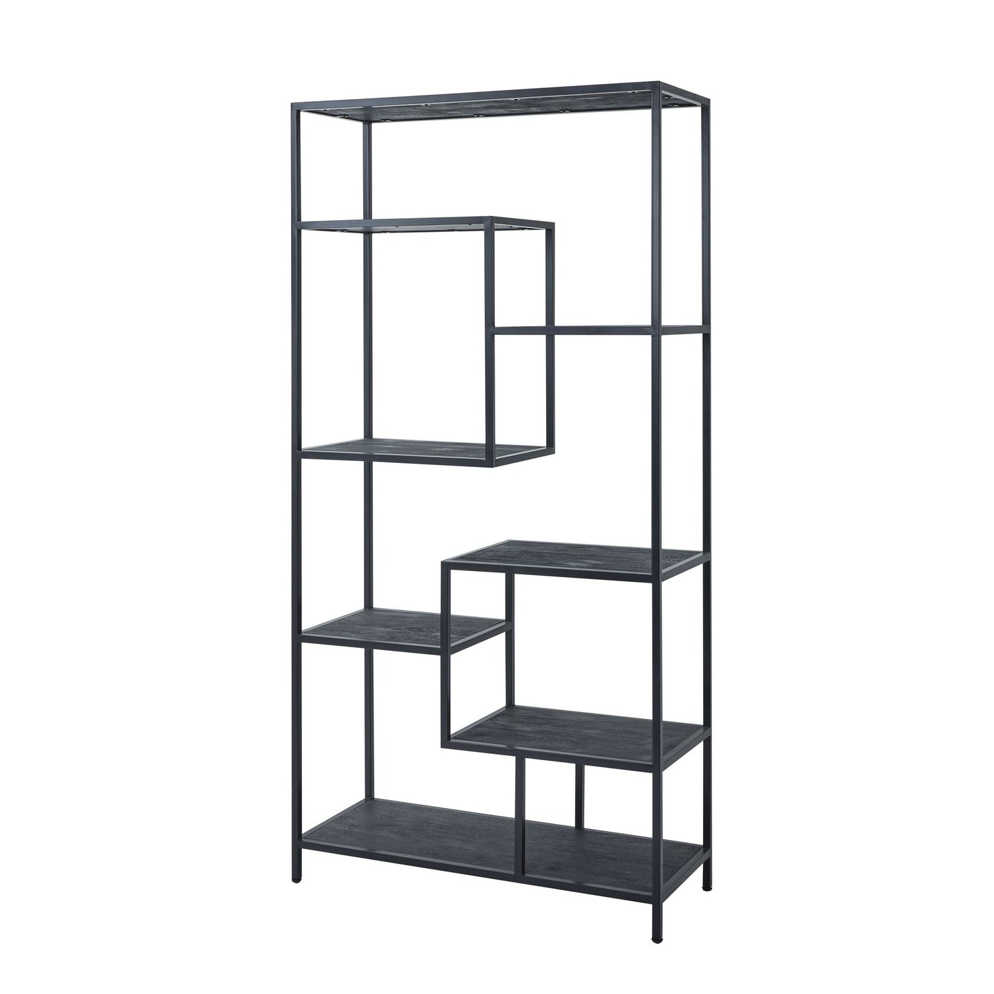 Black metal bookshelf with multiple shelves on a white background