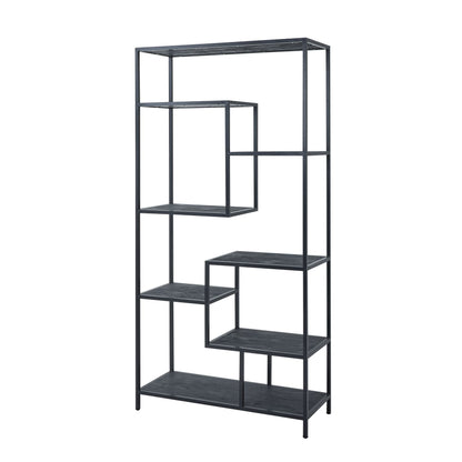 Black metal bookshelf with multiple shelves on a white background