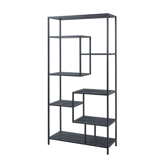 Black metal bookshelf with multiple shelves on a white background