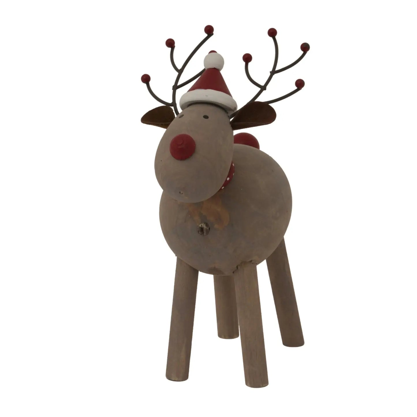 Wooden reindeer decoration with a Santa hat on a white background