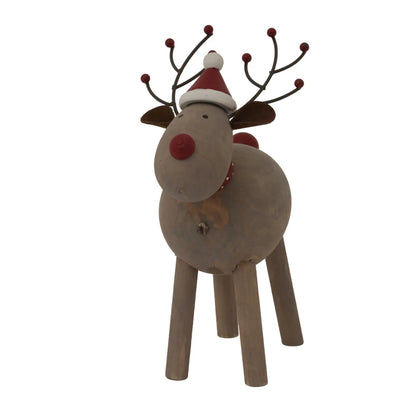 Wooden reindeer decoration with a Santa hat on a white background