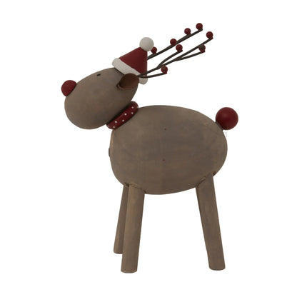 Wooden reindeer decoration with a Santa hat and red nose on a white background