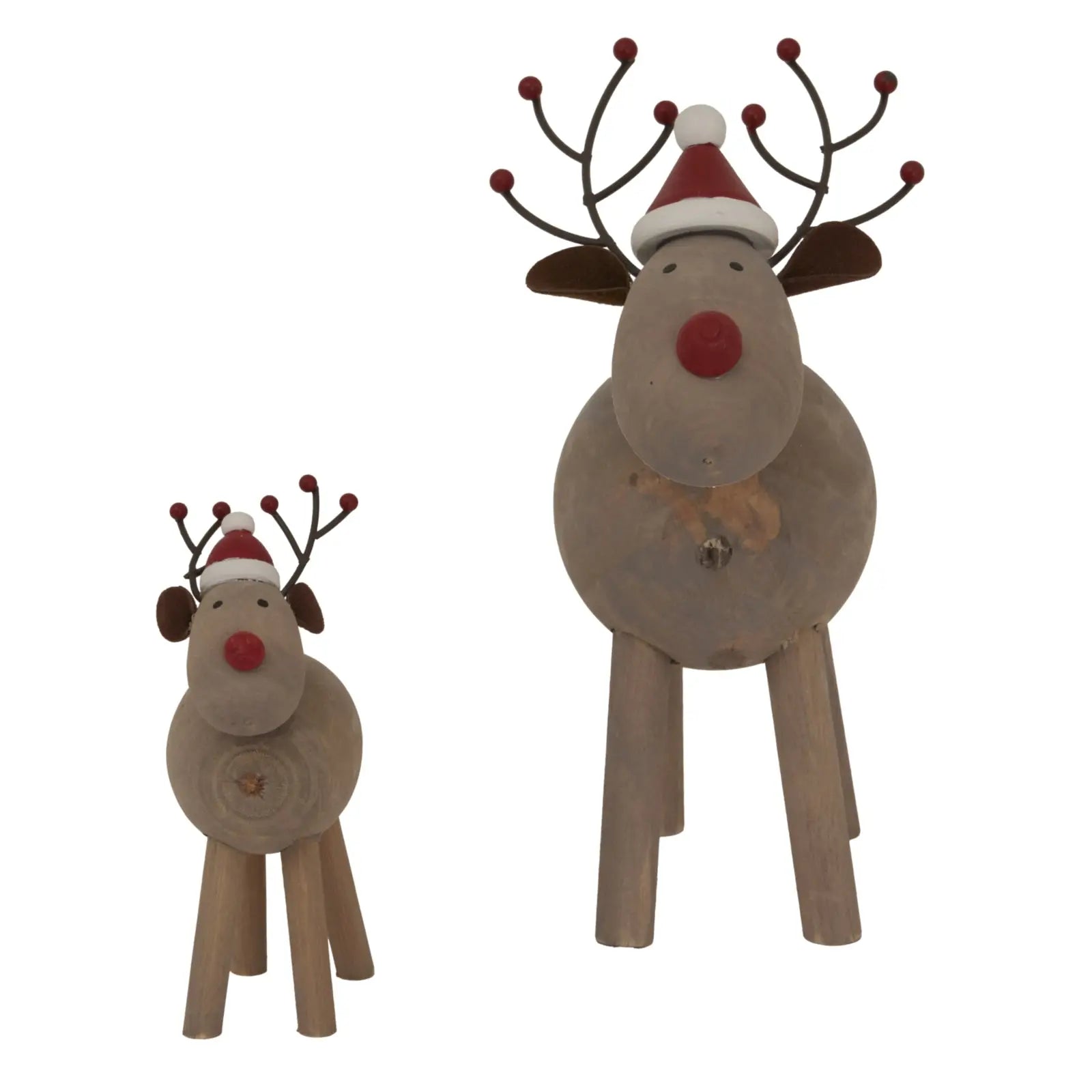 Two wooden reindeer figurines with Santa hats on a white background