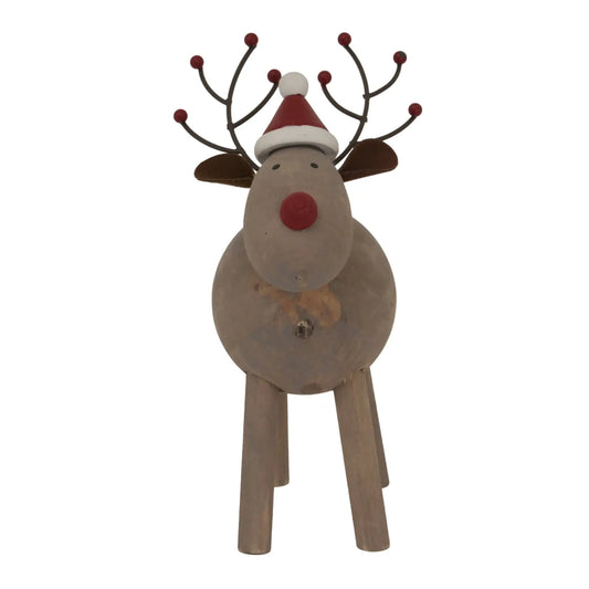 Wooden reindeer decoration with a Santa hat on a white background