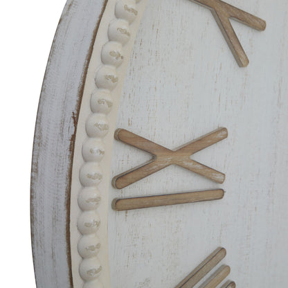 Wooden wall clock with Roman numeral design on a white background