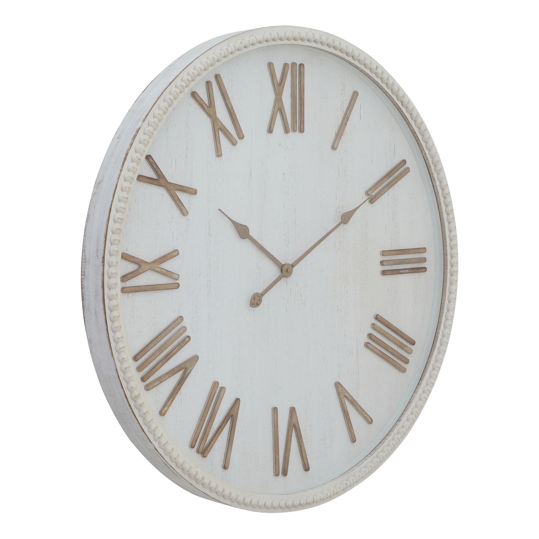 Round wall clock with Roman numeral markers on a white background