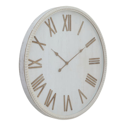 Round wall clock with Roman numeral markers on a white background