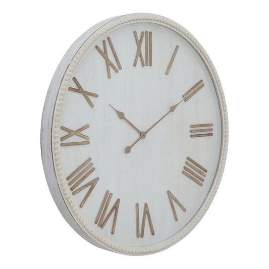 Round wall clock with Roman numeral markers on a white background