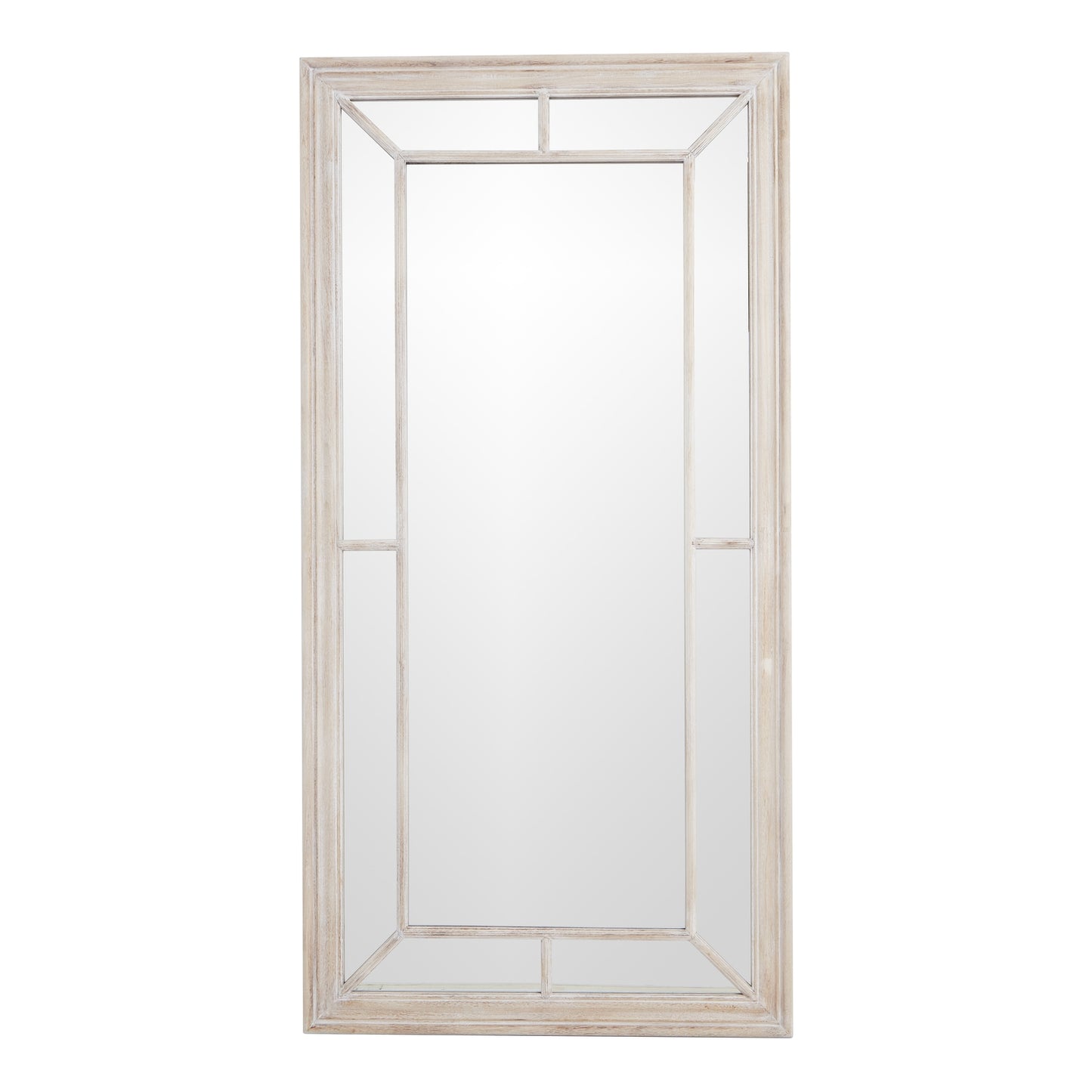 Rectangular mirror with a beige frame on a white background