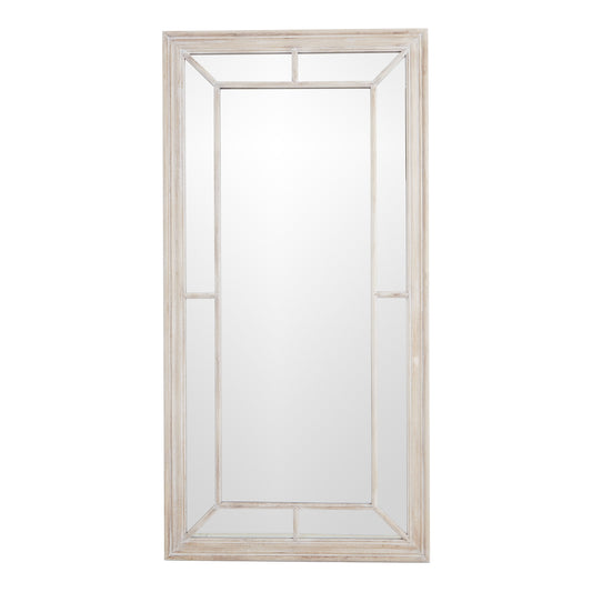 Rectangular mirror with a beige frame on a white background