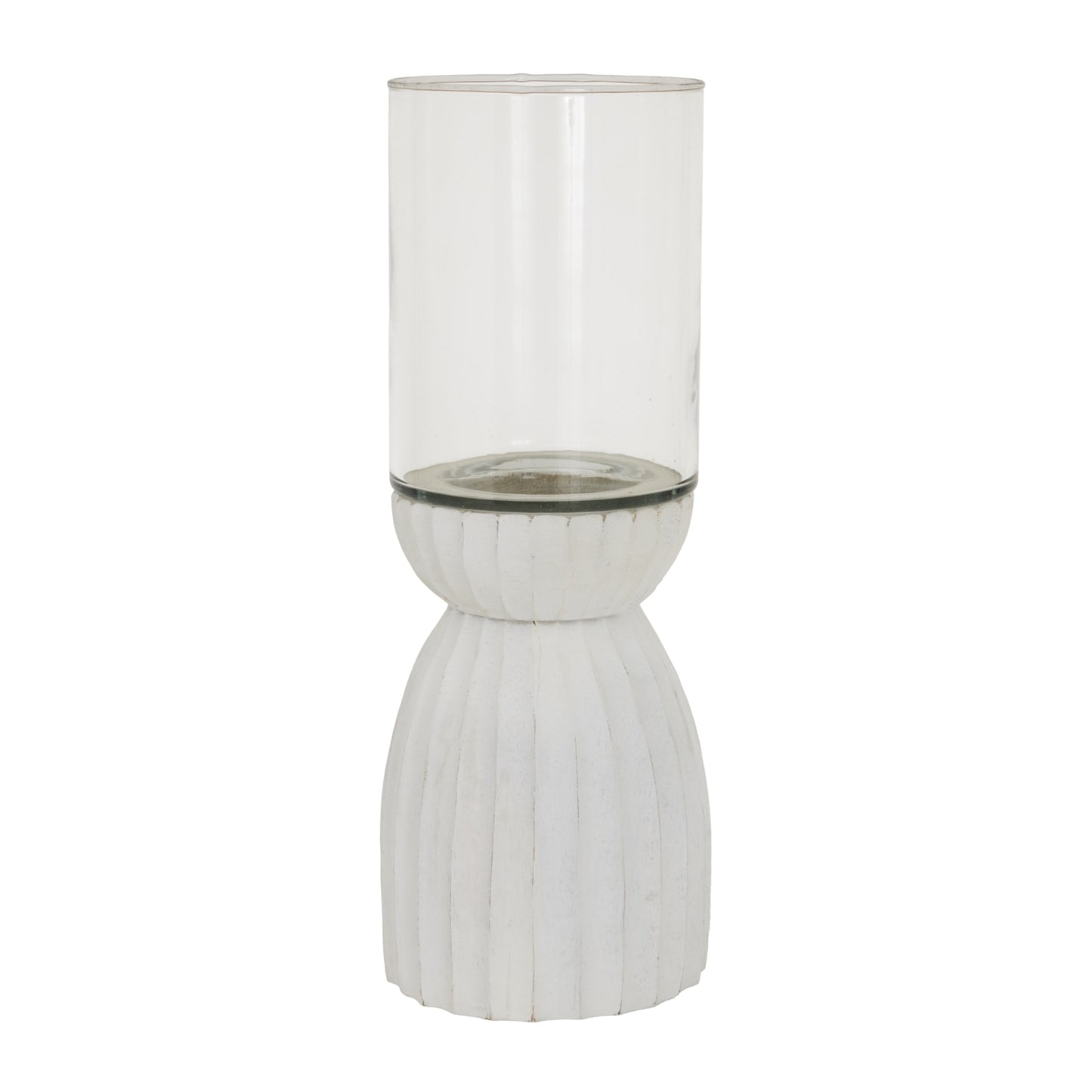 Tall glass vase with ribbed white base on a white background