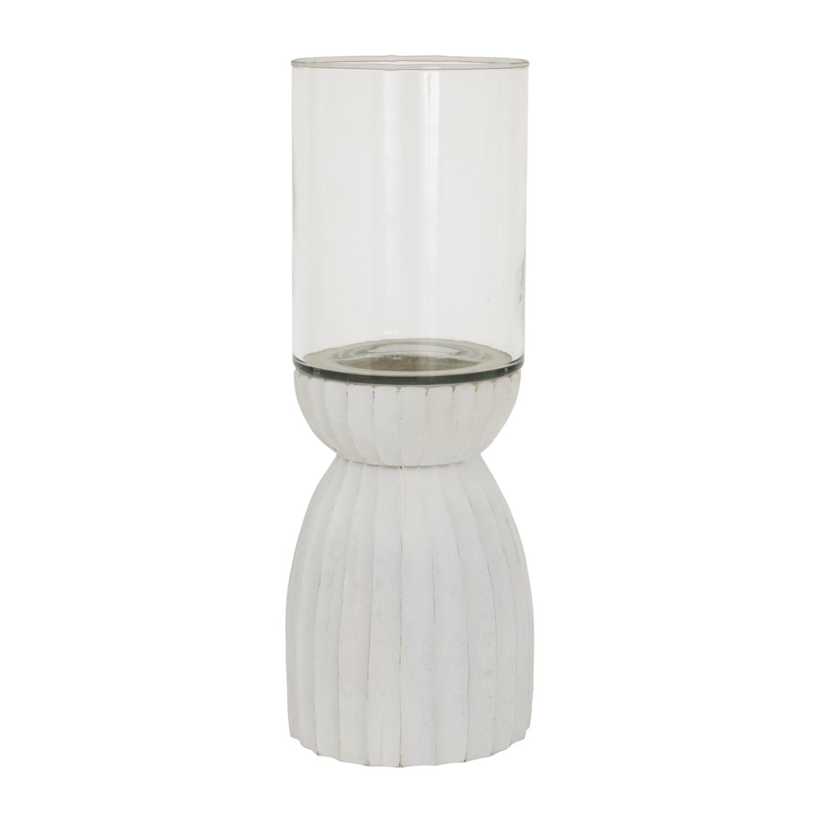 Tall glass vase with ribbed white base on a white background