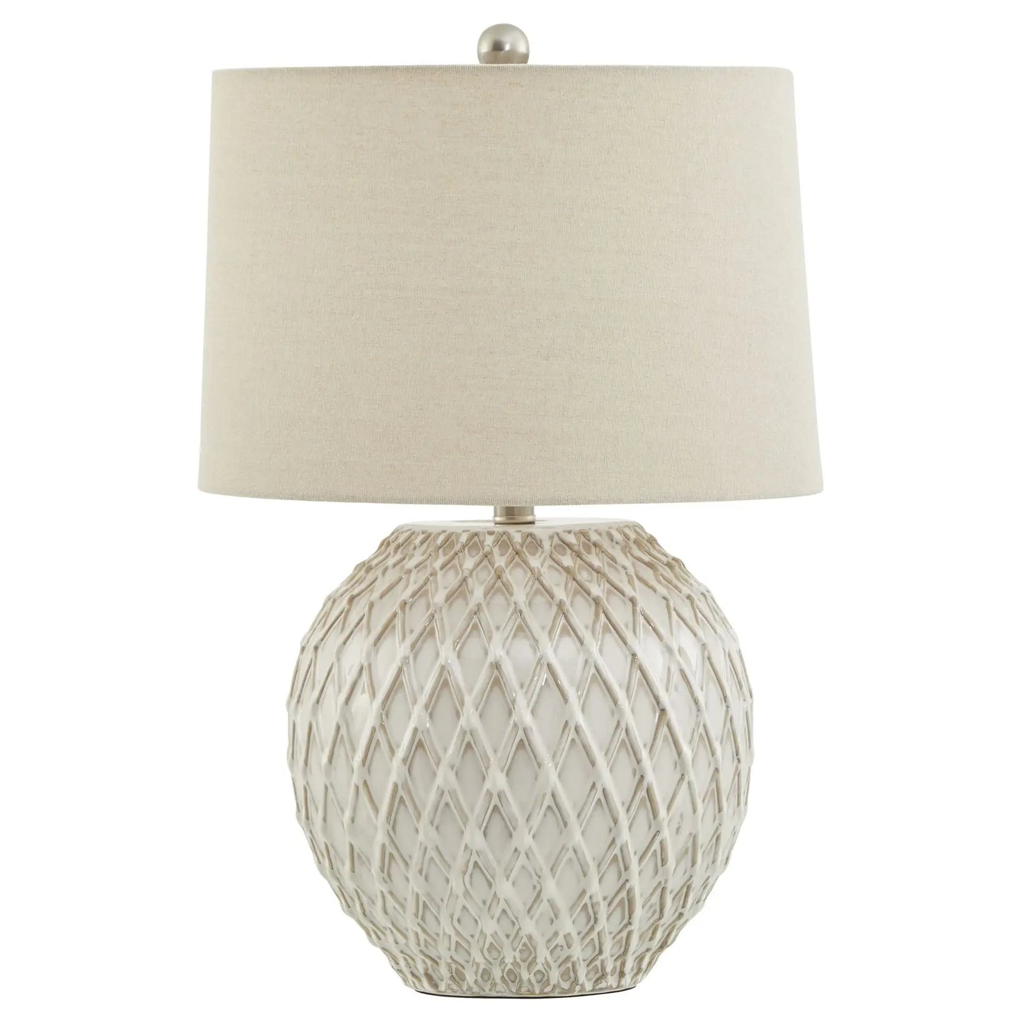 Table lamp with textured base and beige lampshade on a white background