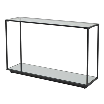 Glass console table with black metal frame on a white background