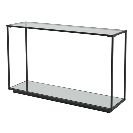 Glass console table with black metal frame on a white background
