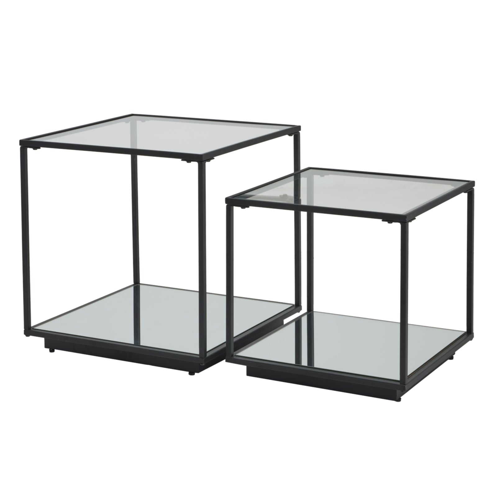 Two glass side tables with black metal frames on a white background