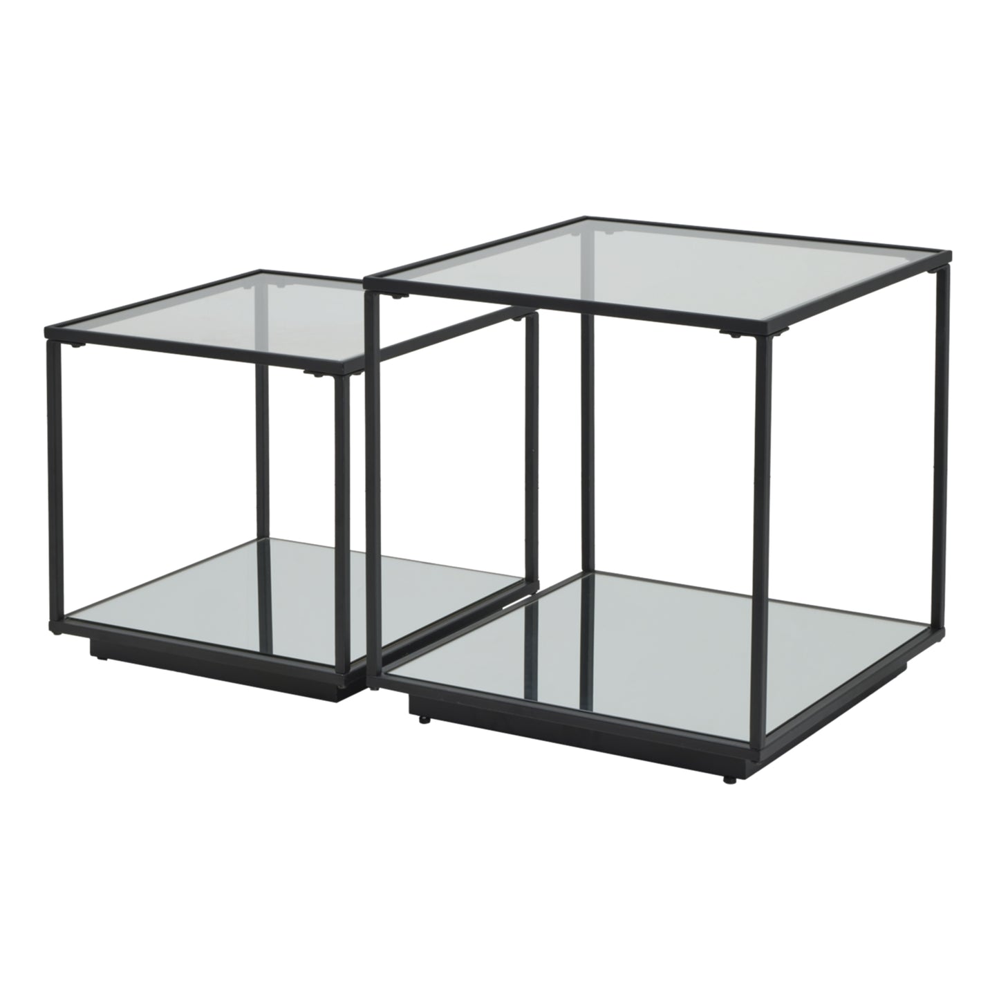Set of two glass side tables with black metal frames on a white background