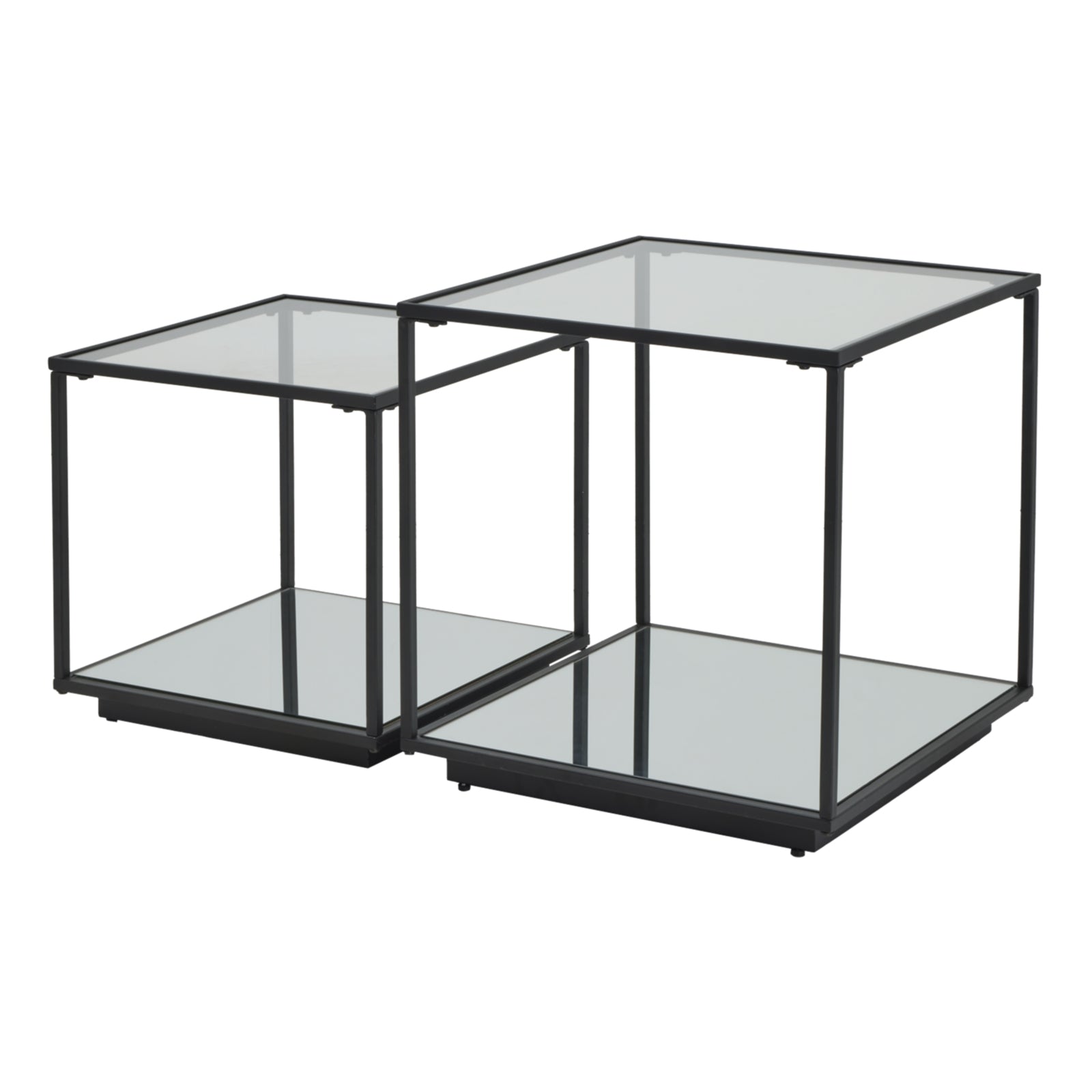 Set of two glass side tables with black metal frames on a white background