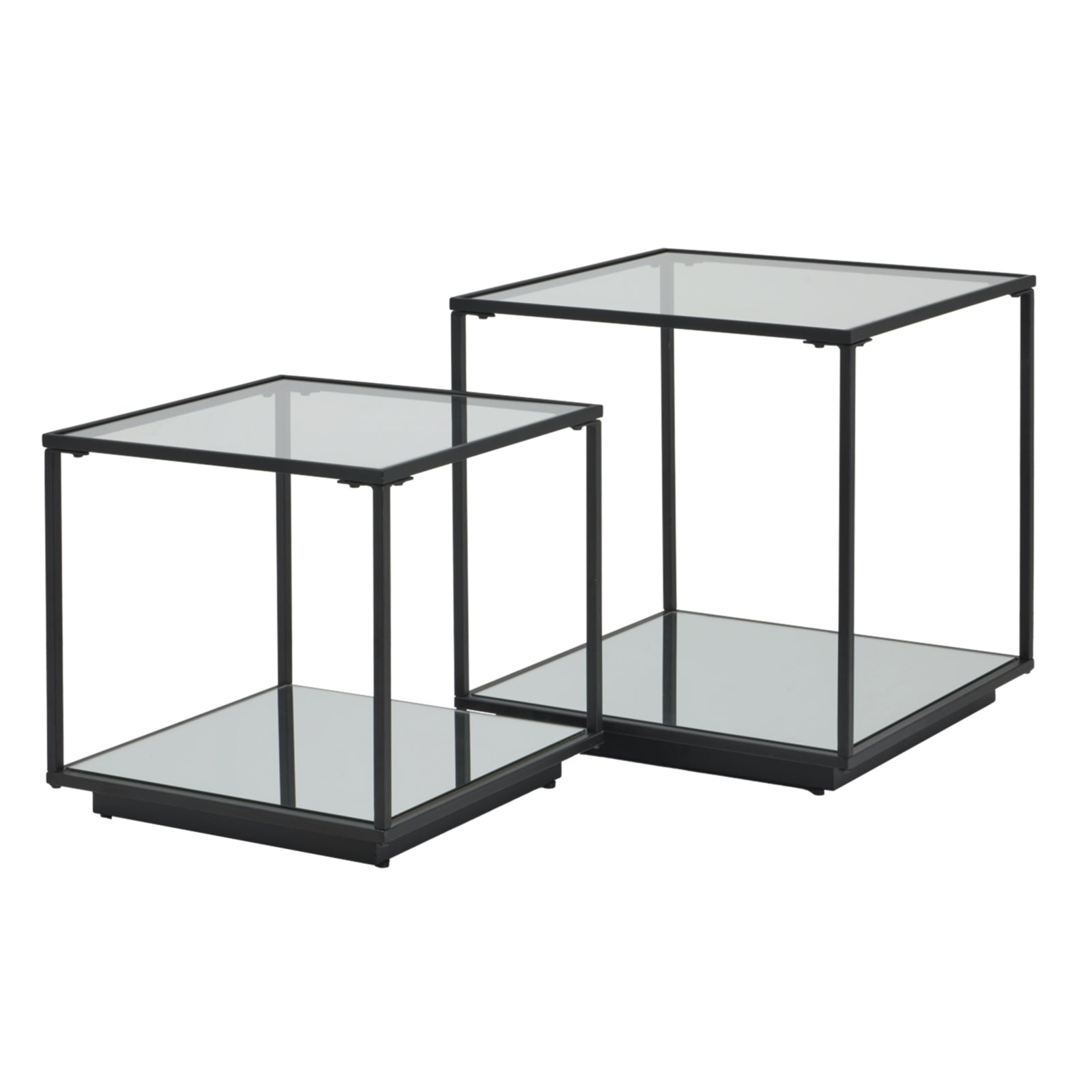 Set of two glass side tables with black metal frames on a white background
