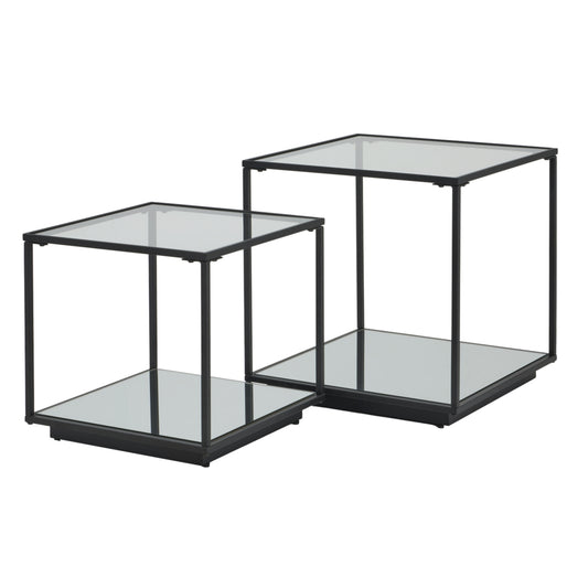 Set of two glass side tables with black metal frames on a white background